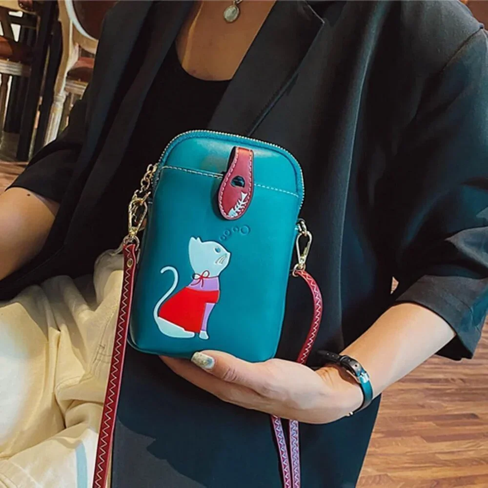 Women Small Leather Crossbody Bag Cute Cat Design Lightweigh